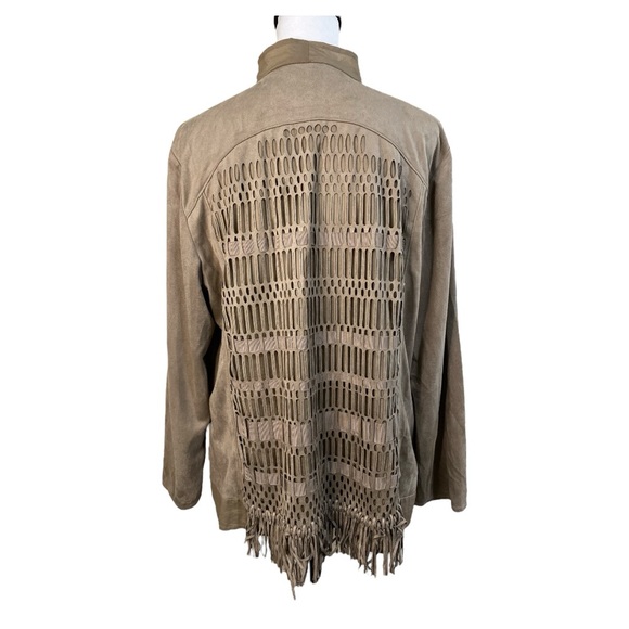Chico's Faux Suede Lightweight Jacket Open‎ Front Light Brown Fringe Size L - Picture 3 of 9